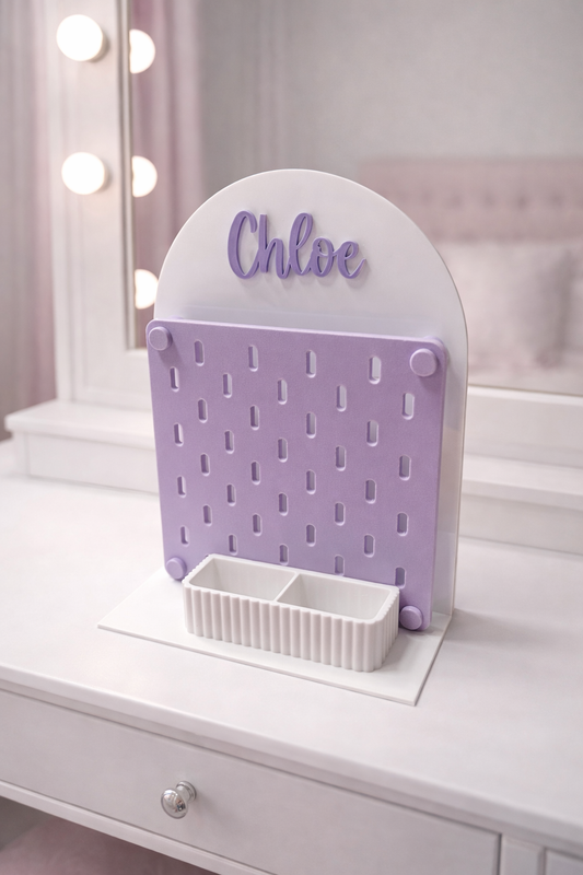 Personalised Acrylic Pegboard Stand – Includes Trinket Box and 6 Hooks