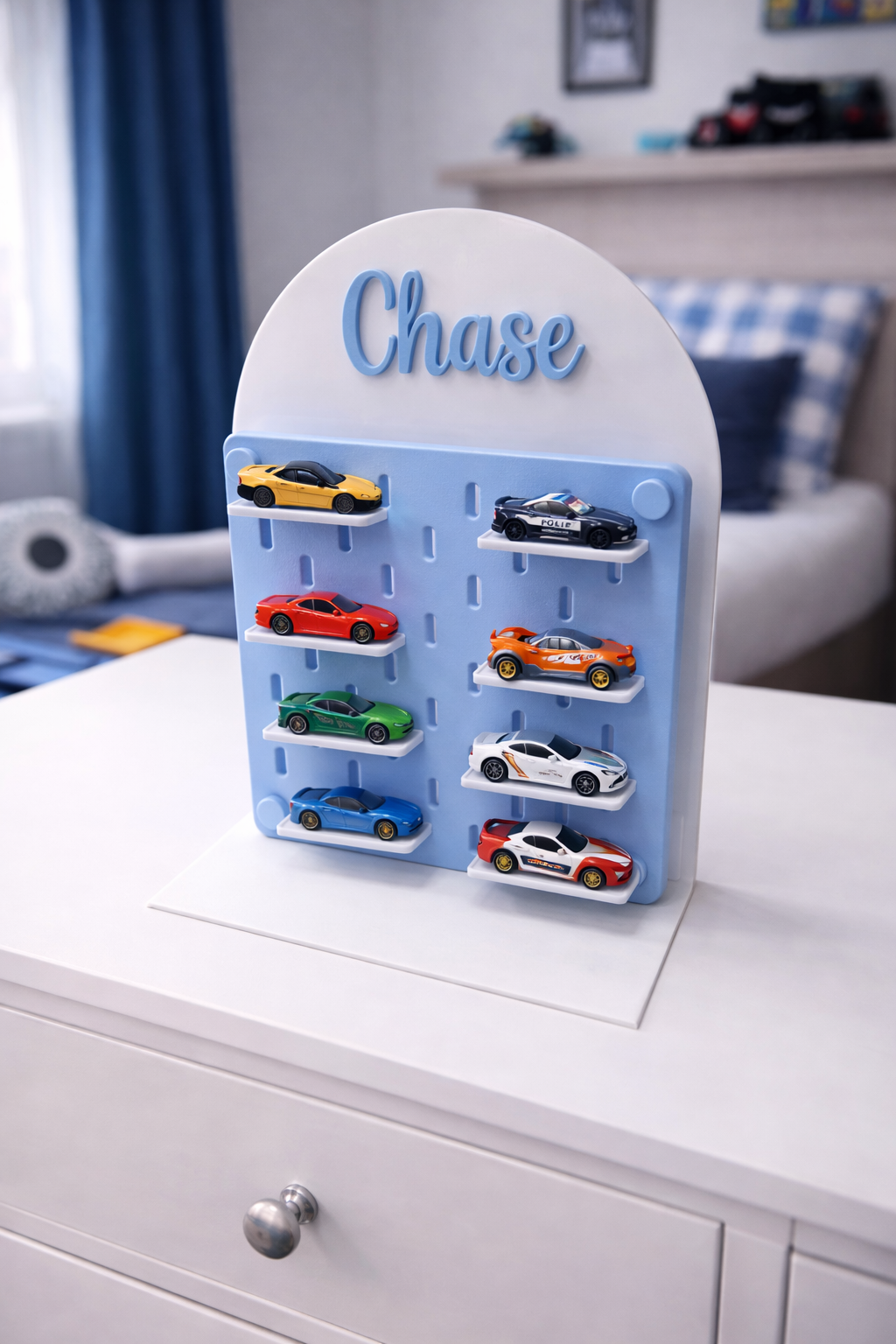 Personalised Acrylic Pegboard Stand – Includes 8 Small Car Shelves