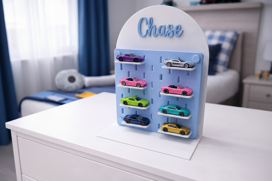 Personalised Acrylic Pegboard Stand – Includes 8 Small Car Shelves