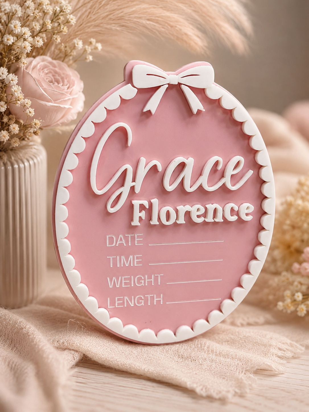 Personalised Acrylic Birth Plaque – Scallop Bow Design