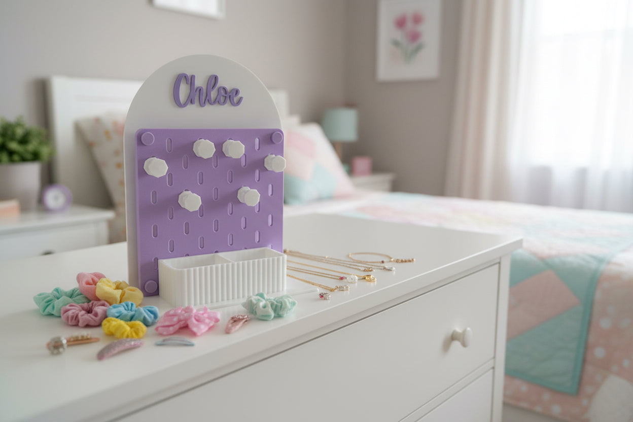 Personalised Acrylic Pegboard Stand – Includes Trinket Box and 6 Hooks