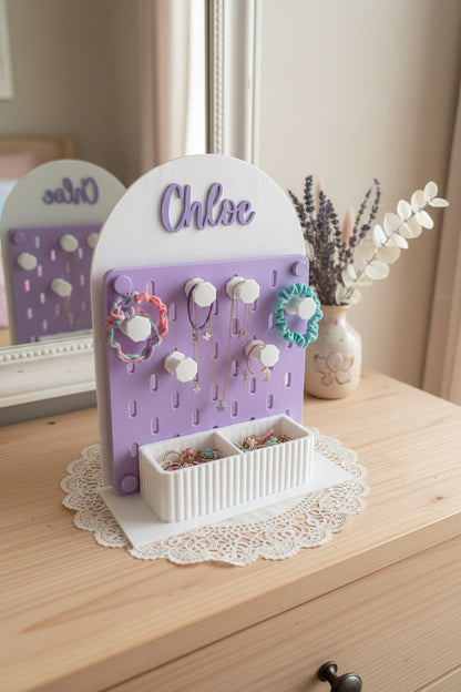 Personalised Acrylic Pegboard Stand – Includes Trinket Box and 6 Hooks