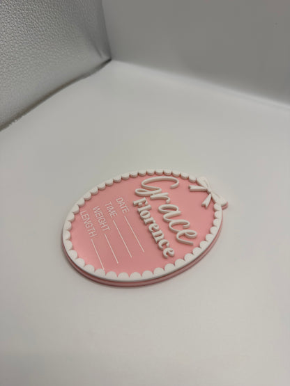 Personalised Acrylic Birth Plaque – Scallop Bow Design