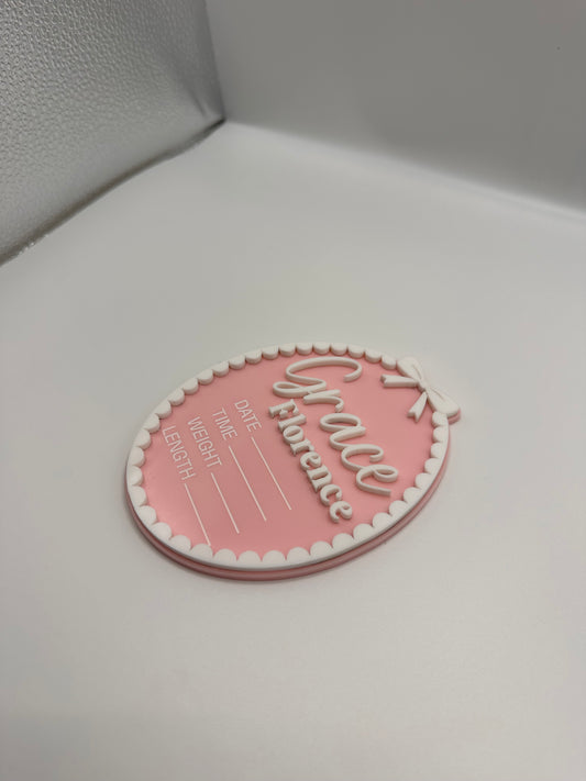 Personalised Acrylic Birth Plaque – Scallop Bow Design