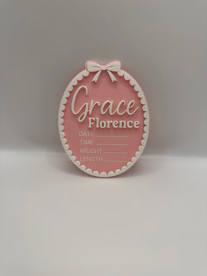 Personalised Acrylic Birth Plaque – Scallop Bow Design