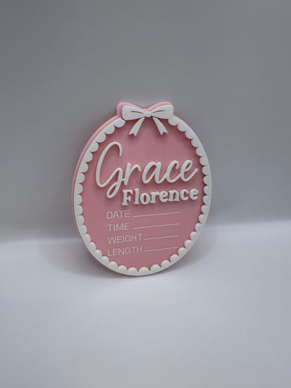 Personalised Acrylic Birth Plaque – Scallop Bow Design