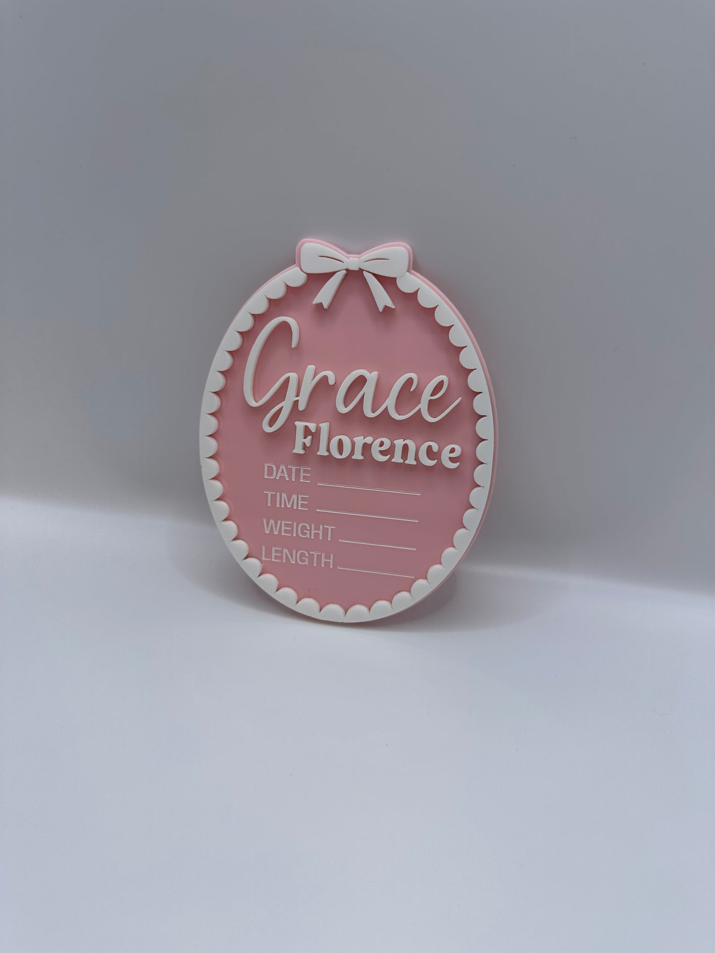Personalised Acrylic Birth Plaque – Scallop Bow Design