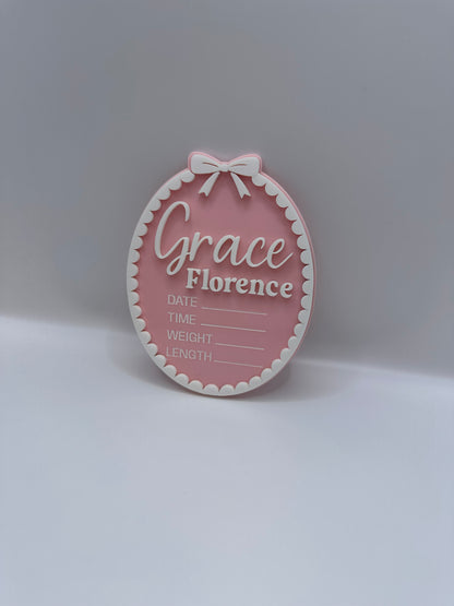 Personalised Acrylic Birth Plaque – Scallop Bow Design