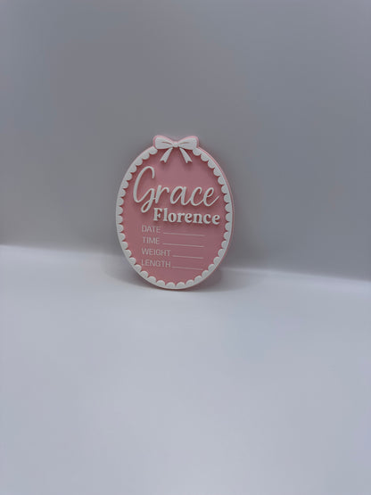 Personalised Acrylic Birth Plaque – Scallop Bow Design