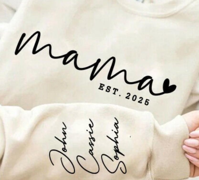 MAMA EST with Children's Name on Sleeve Print
